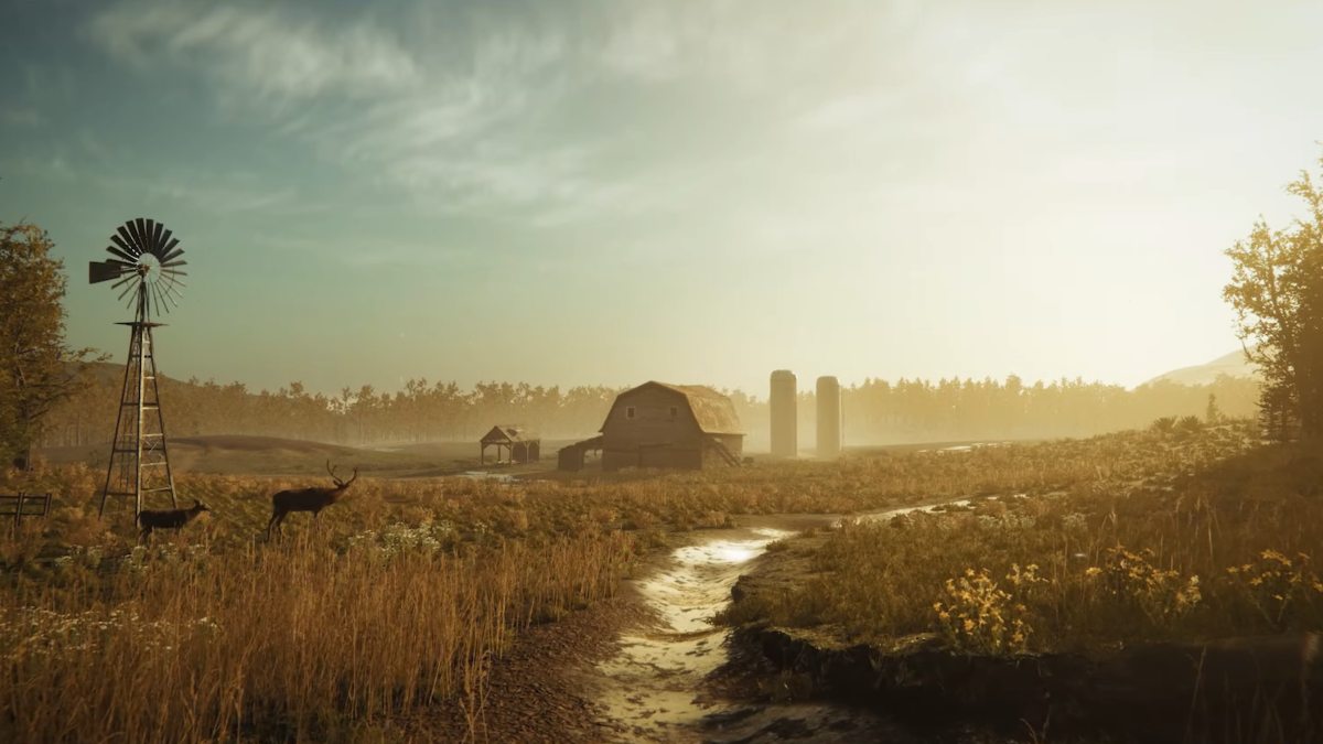 An establishing shot of the cabin in the middle of a meadow with the sun rising behind it