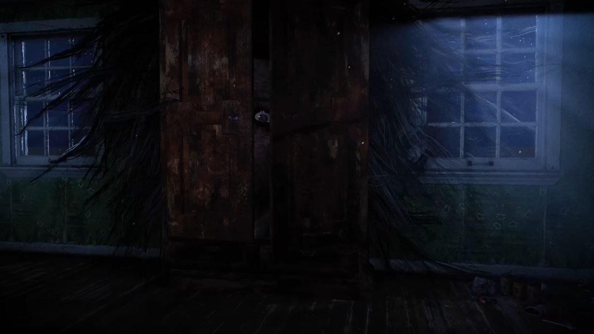 Giant eye peeking through ajar closet door with hair surrounding the nearby walls