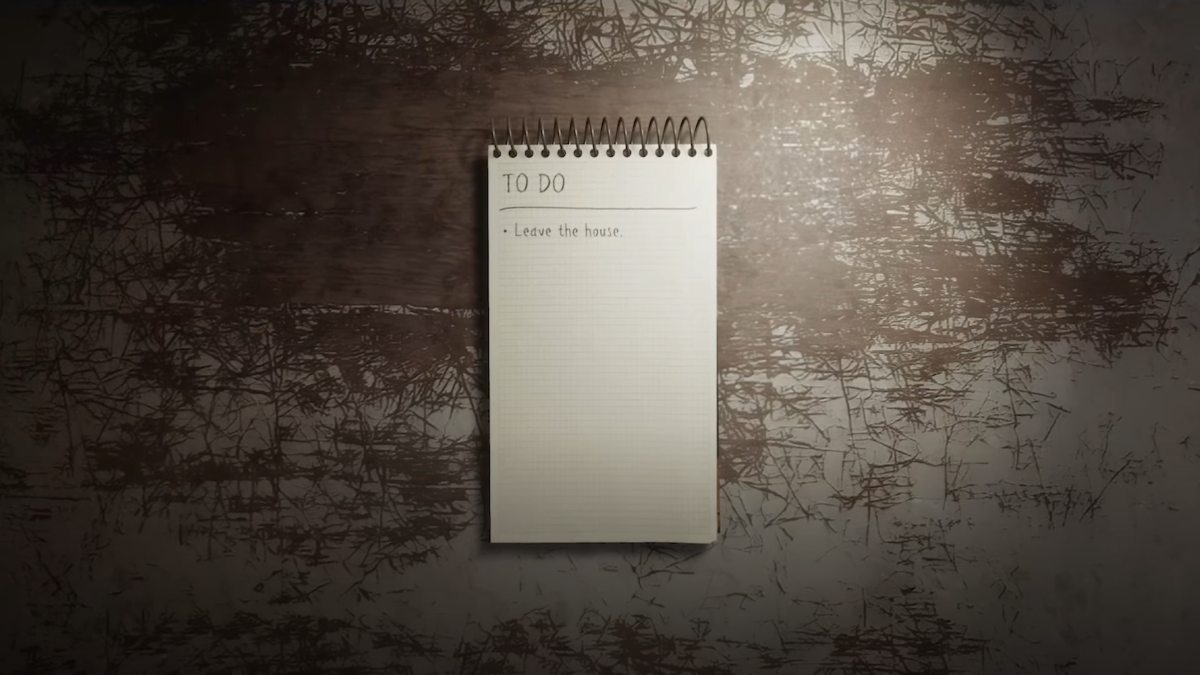 The to do list in We Harvest Shadows with task "leave house" written on the page