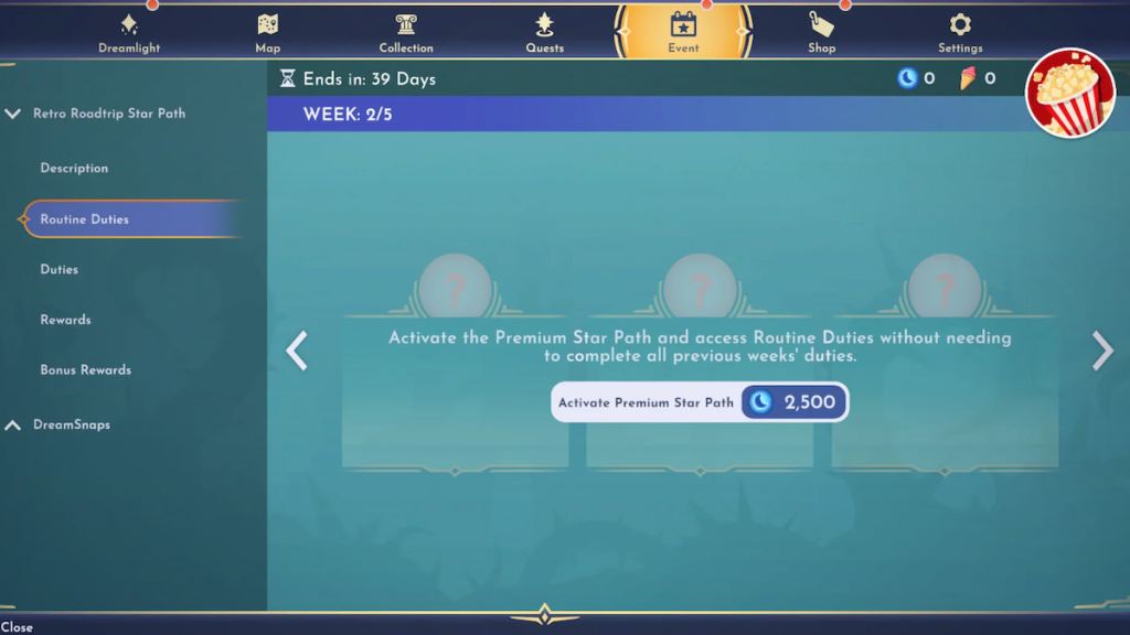 The activate premium star path option of routine duties in disney dreamlight valley