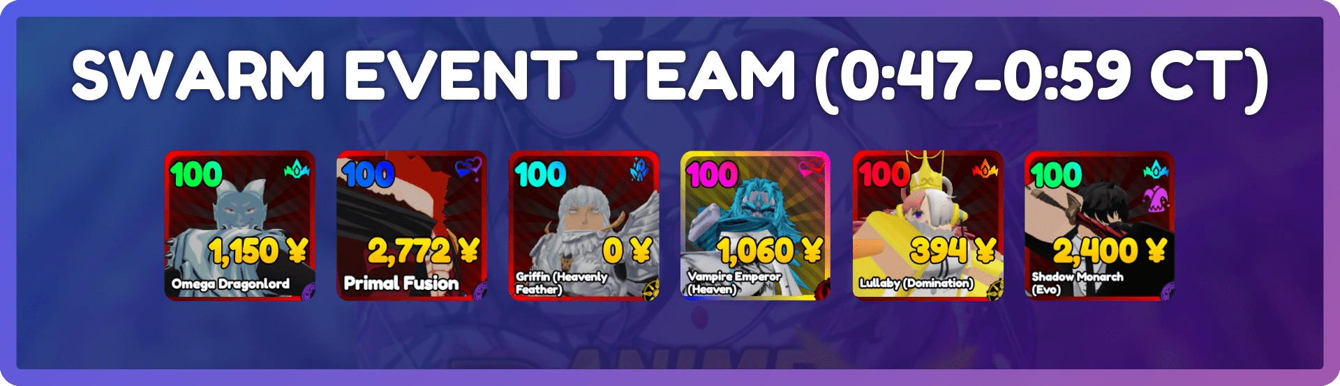 The best team for clearing Swarm Event stages in Anime Rangers X Roblox experience that consists of the following units: Omega Dragonlord, Primal Fusion, Griffin (Heavenly Feather, Vampire Emperor (Heaven), Lullaby (Domination), and Shadow Monarch (Evo).