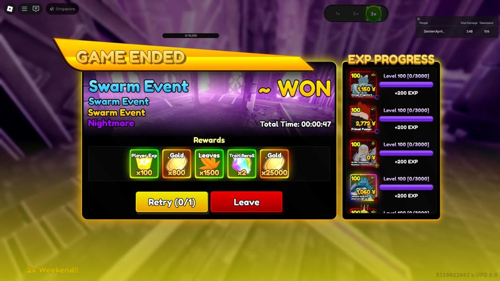 Example of a clear time for a Swarm Event stage using the best team for it in the Anime Rangers X Roblox experience.