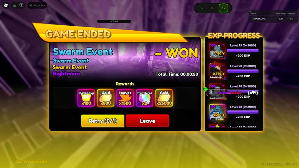 Example of a clear time for a Swarm Event stage using the best team for it in the Anime Rangers X Roblox experience.