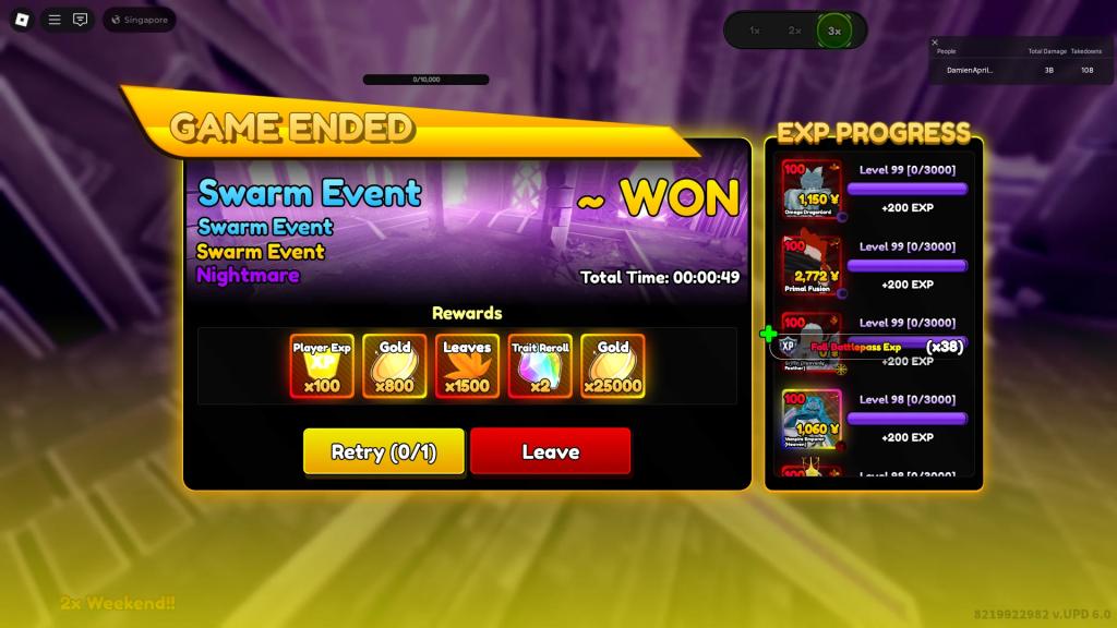 Example of a clear time for a Swarm Event stage using the best team for it in the Anime Rangers X Roblox experience.