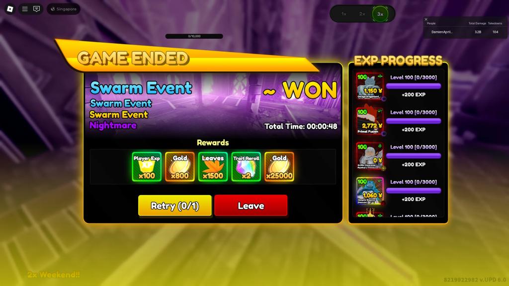 Example of a clear time for a Swarm Event stage using the best team for it in the Anime Rangers X Roblox experience.