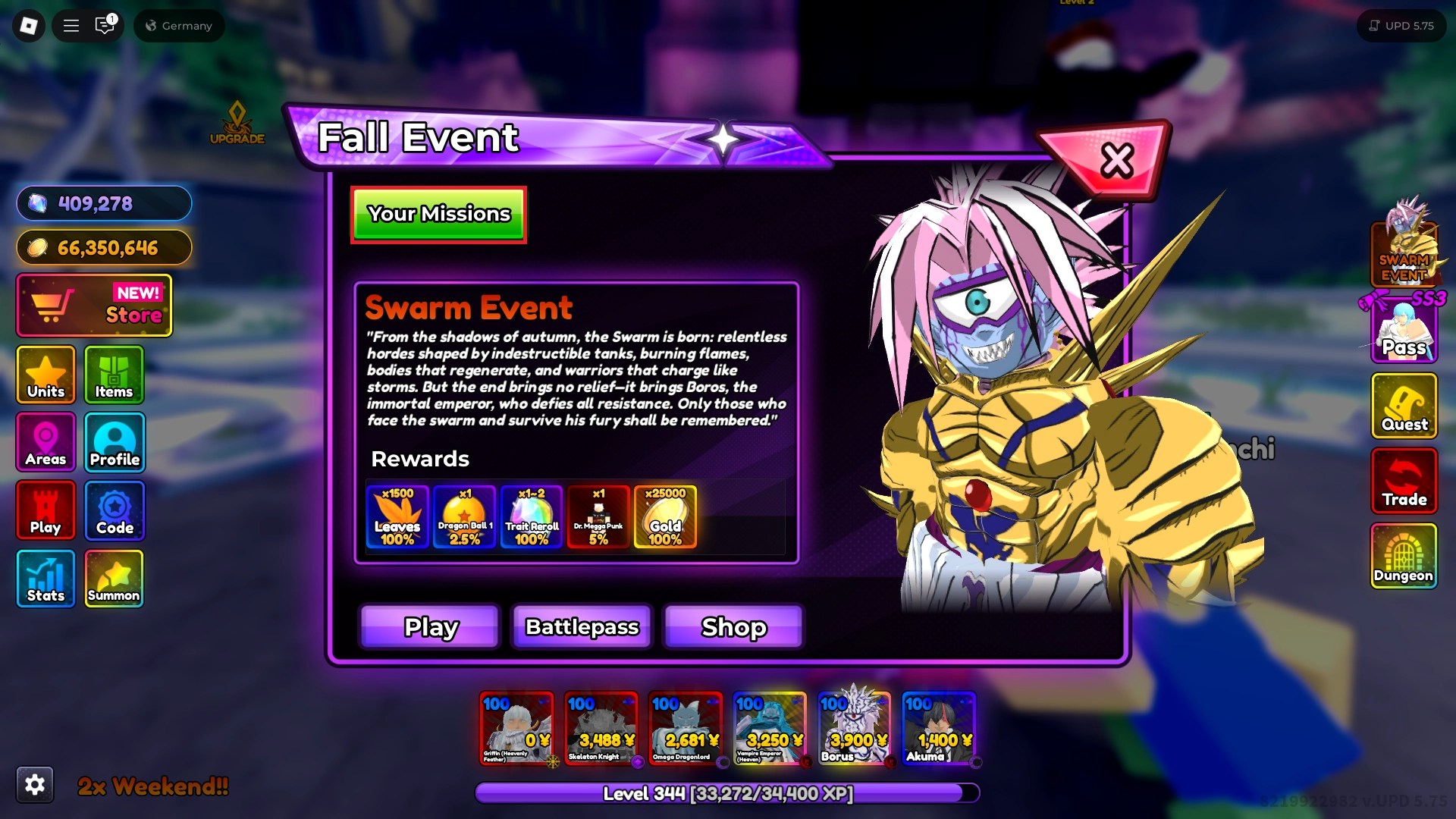 Swarm Event menu in the Anime Rangers X Roblox experience.