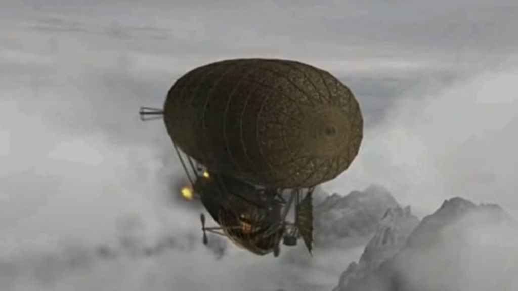 A zeppelin lit on fire and crashing in Arcanum: Of Steamworks and Magick Obscura.