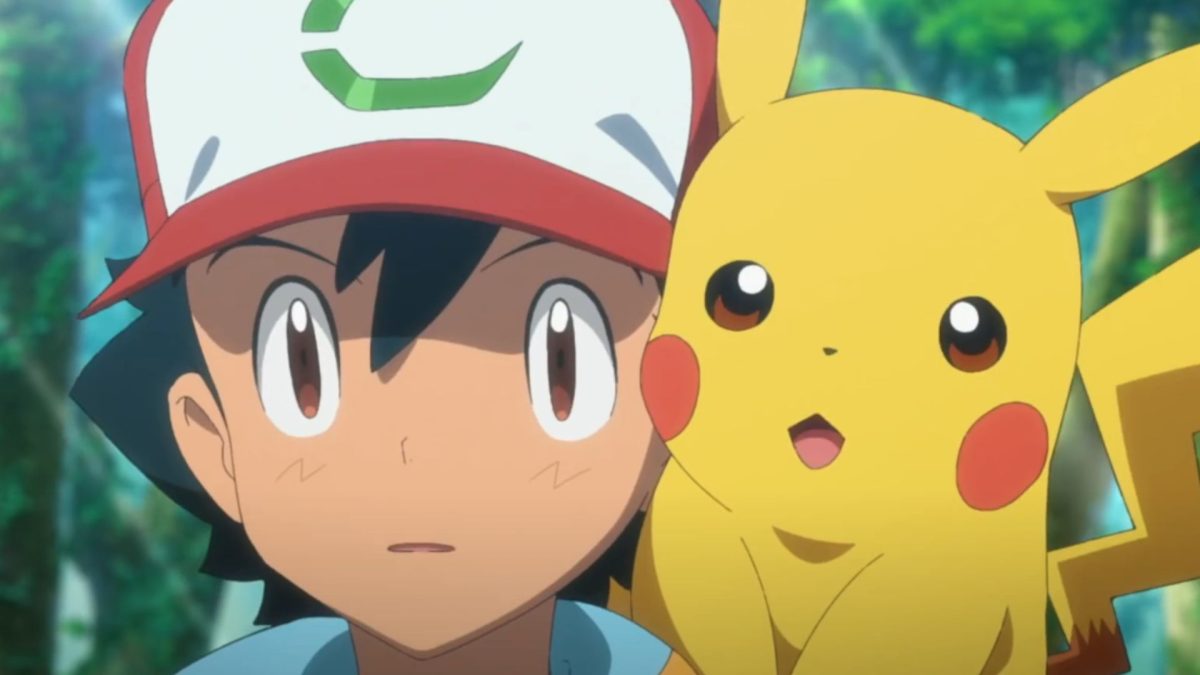 Pikachu and Ash surprised in a Pokémon movie trailer