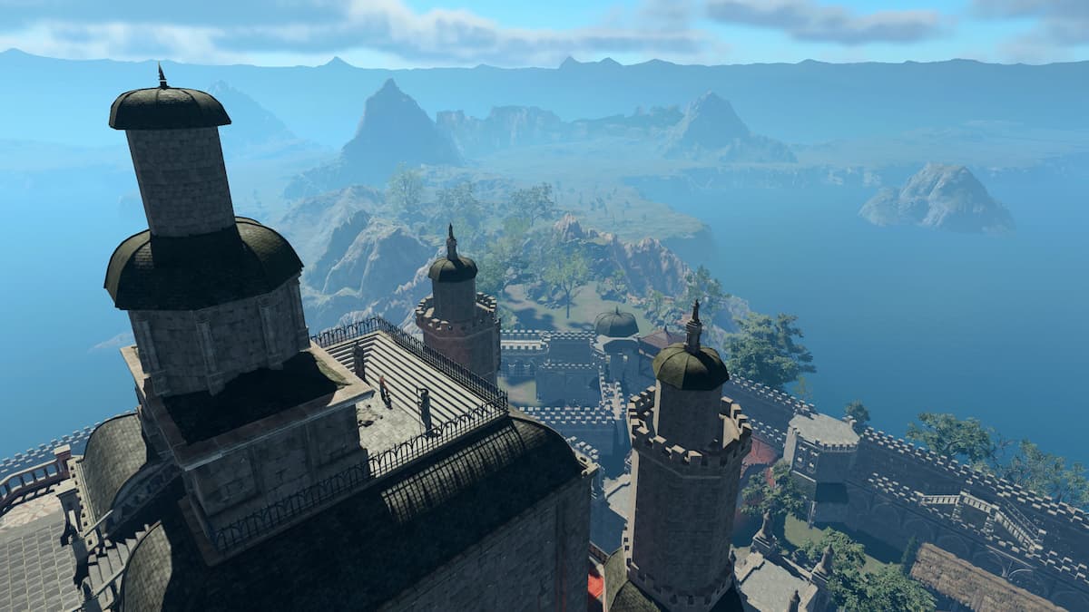 Baldur's Gate 1 Castle Candlekeep standing tall above a sea and isthmus.