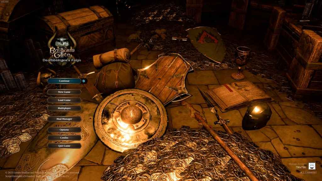 A main menu screen with gold, swords, shields, chests, and other items scattered on the ground in Baldur's Gate 3. 