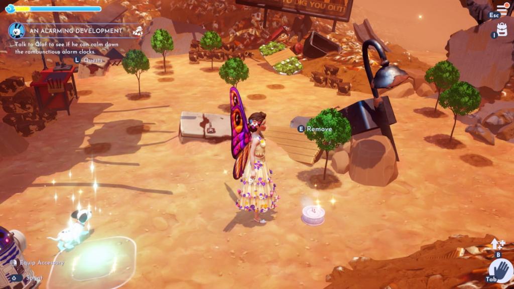 Standing next to a pink birthday cake on the ground in disney dreamlight valley