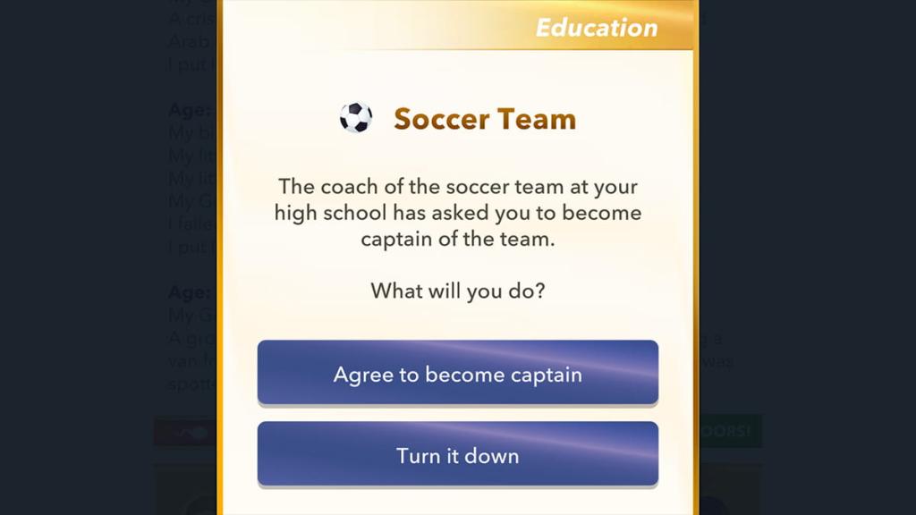 BitLife character becoming a soccer team captain