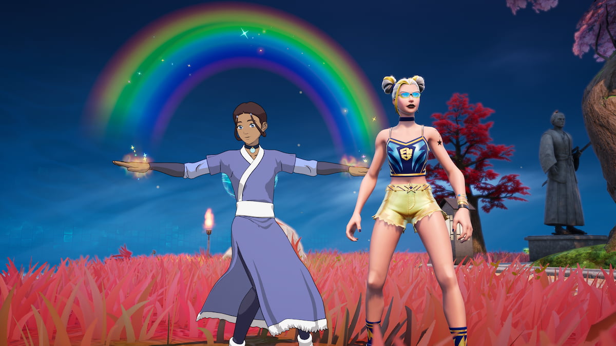 Katara making a rainbow next to championship surf witch on a hill in fortnite