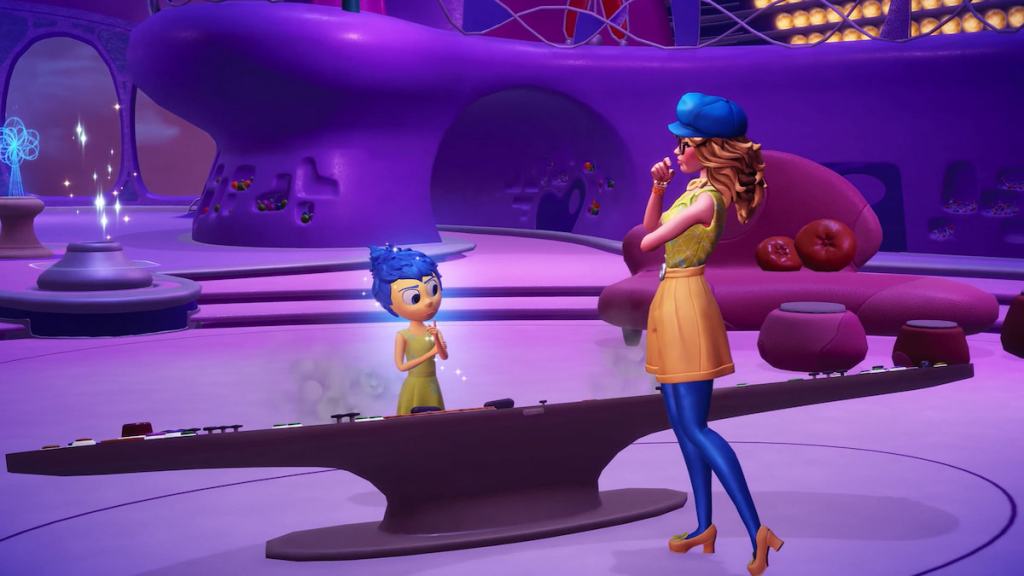 Character talking to Joy by emotion panel in inside out realm in disney dreamlight valley