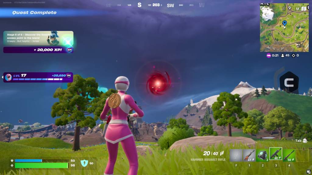 Purple portal turned red as the quest completes in fortnite