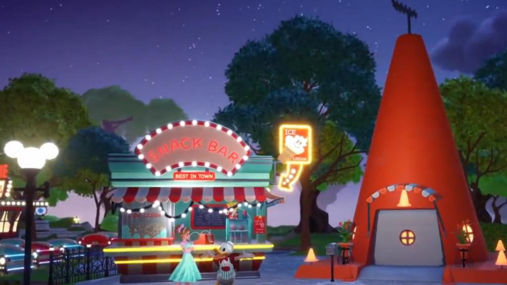 A character in a green dress standing with donald duck by a snack bar and the cozy cone motel in disney dreamlight valley