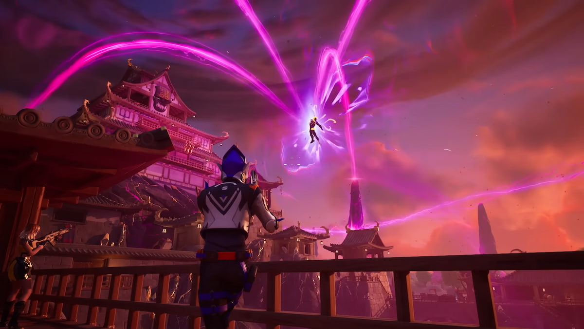 Daigo floating in the sky with pink magic around him in Fortnite
