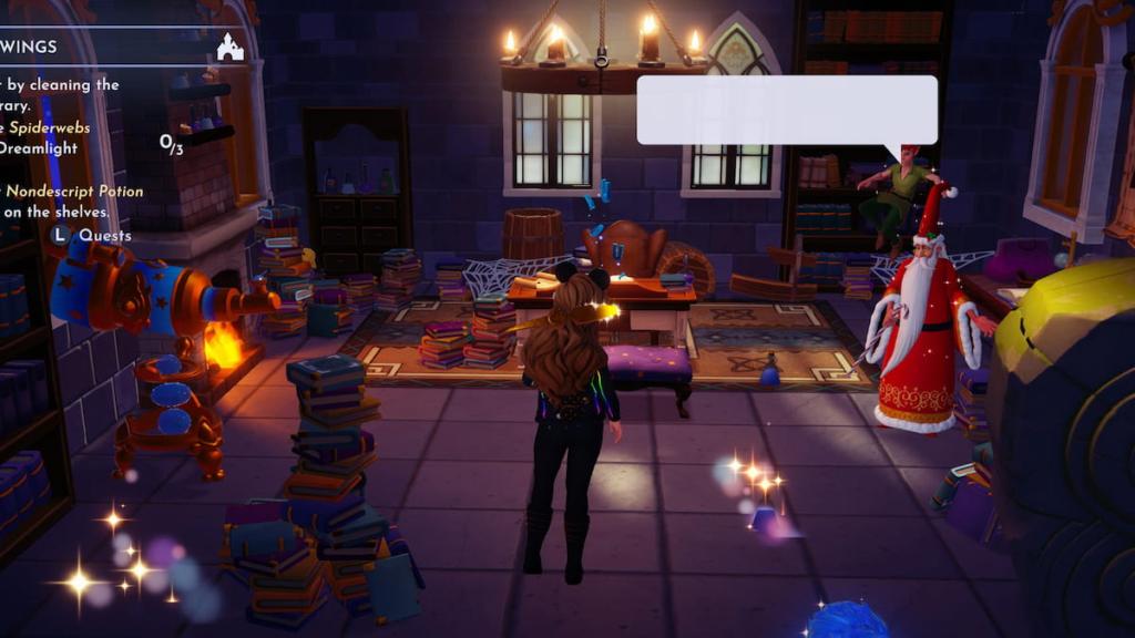 Disney Dreamlight Valley character helping Merlin clean the library