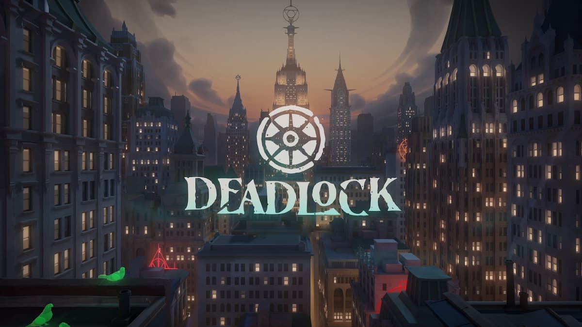 Stylized words "Deadlock" hover above a 1920s New York skyline with art deco buildings in Deadlock.