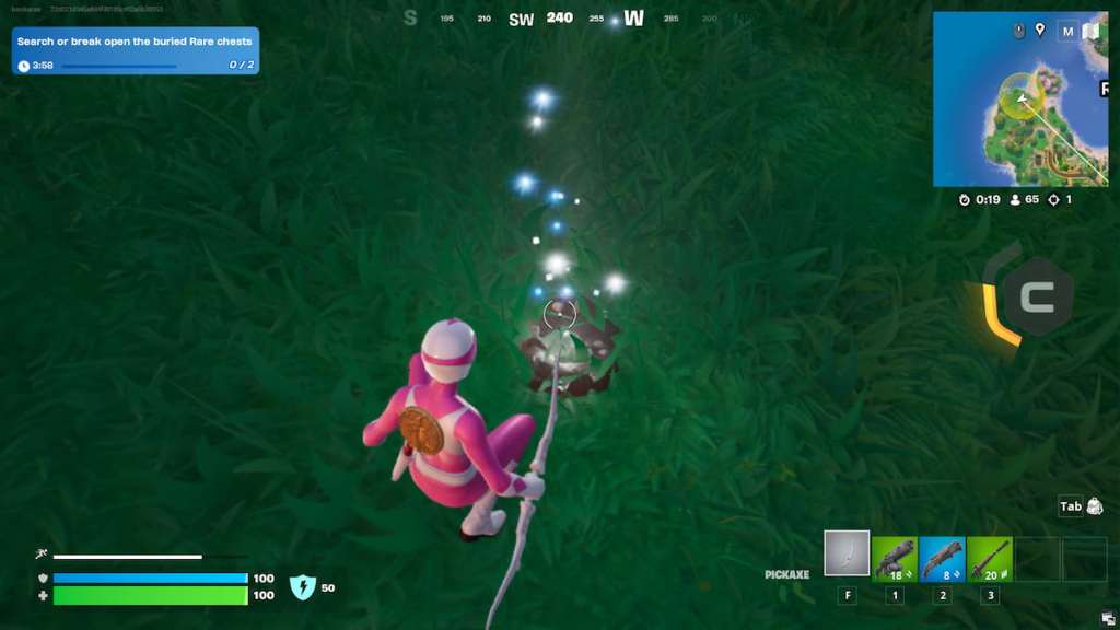 Pink ranger digging up sparkling spot for treasure in fortnite