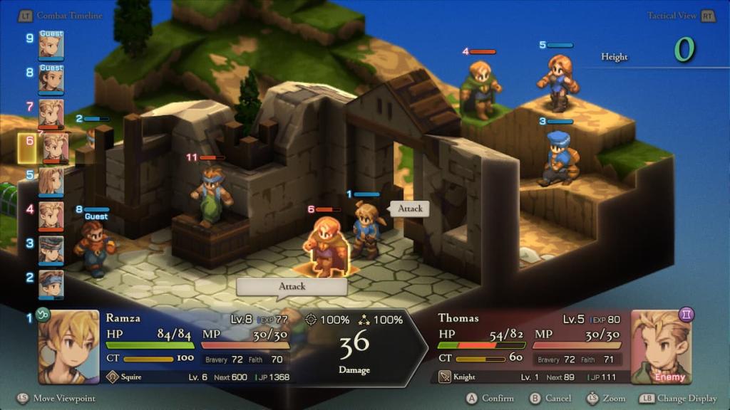 Characters in combat on a hill in Final Fantasy Tactics: The Ivalice Chronicles.