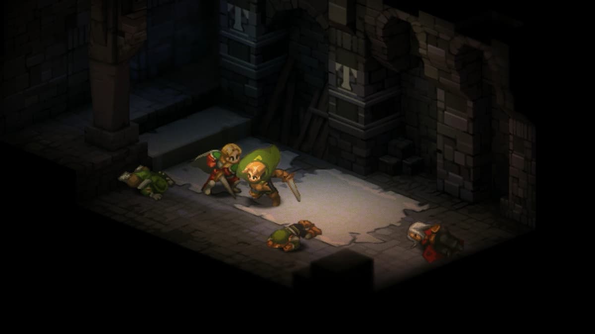 Characters engaging in combat within a dark room in Final Fantasy Tactics: The Ivalice Chronicles.