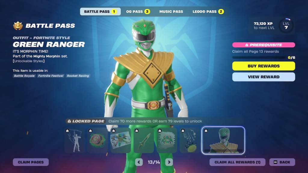 Page one of the battle pass with green power ranger in fortnite