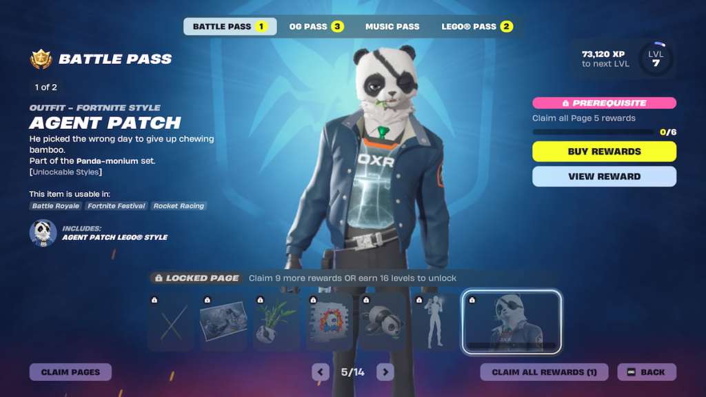 Page 5 of the battle pass with a panda agent patch character in fortnite