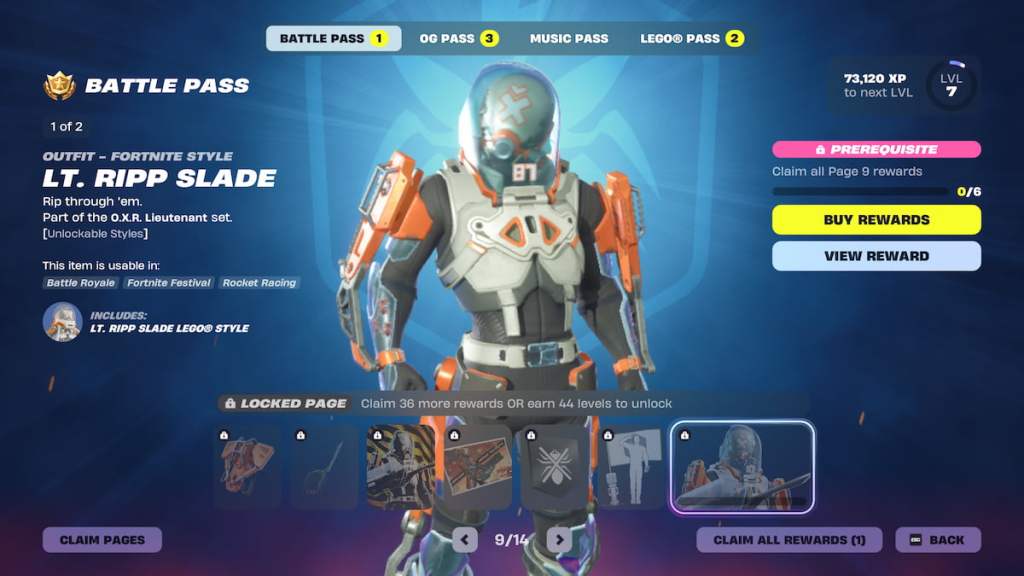 Page one of the battle pass with a lt. ripp slade robot soldier in fortnite