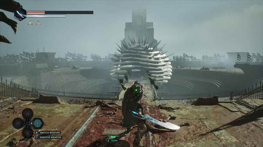 A massive arena with blood and bones scattered everywhere and a huge anomalous orb in the background in Hell is Us. 