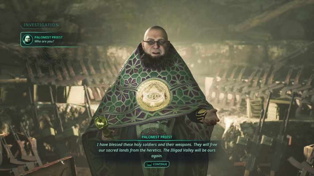 A priest speaking with the main character in Hell is Us. 