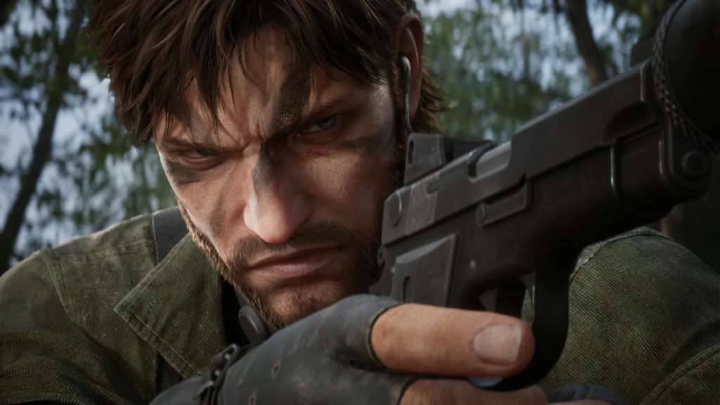 Naked Snake aiming his pistol in MGS3 Snake Eater remake