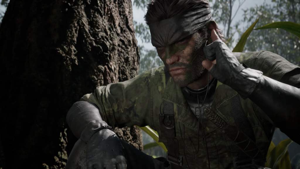 Snake crouches next to a tree in MGS Delta Snake Eater