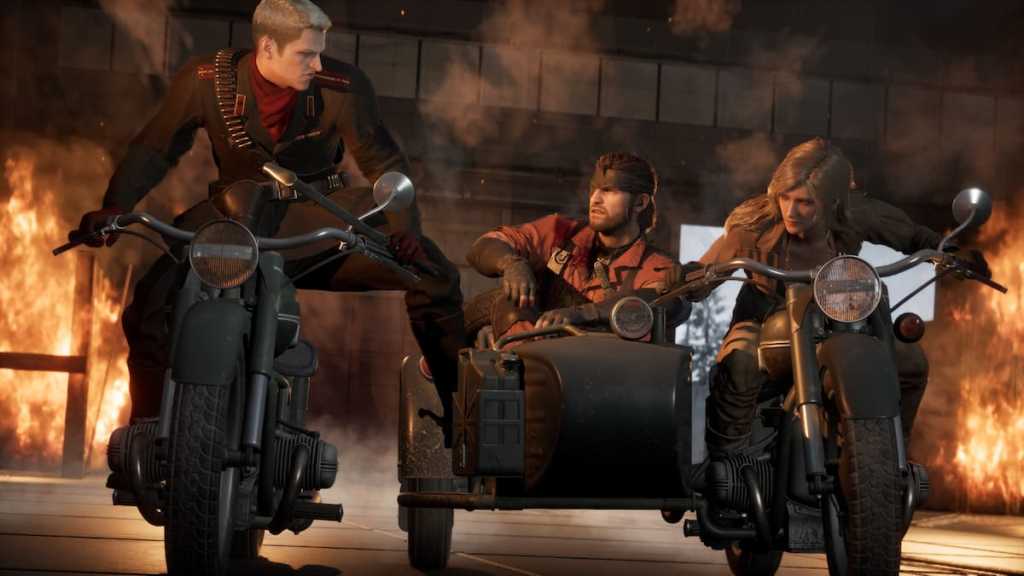 Ocelot, Snake, and EVA fight on motorcycles in MGS Delta Snake Eater