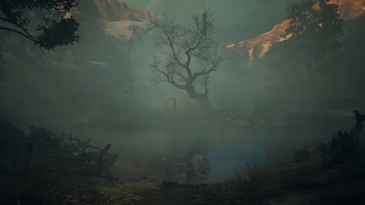 A fog-shrouded tree with a hanged person in Valor Mortis