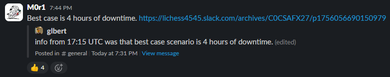 Lichess4545 league Slack discussion on Lichess downtime