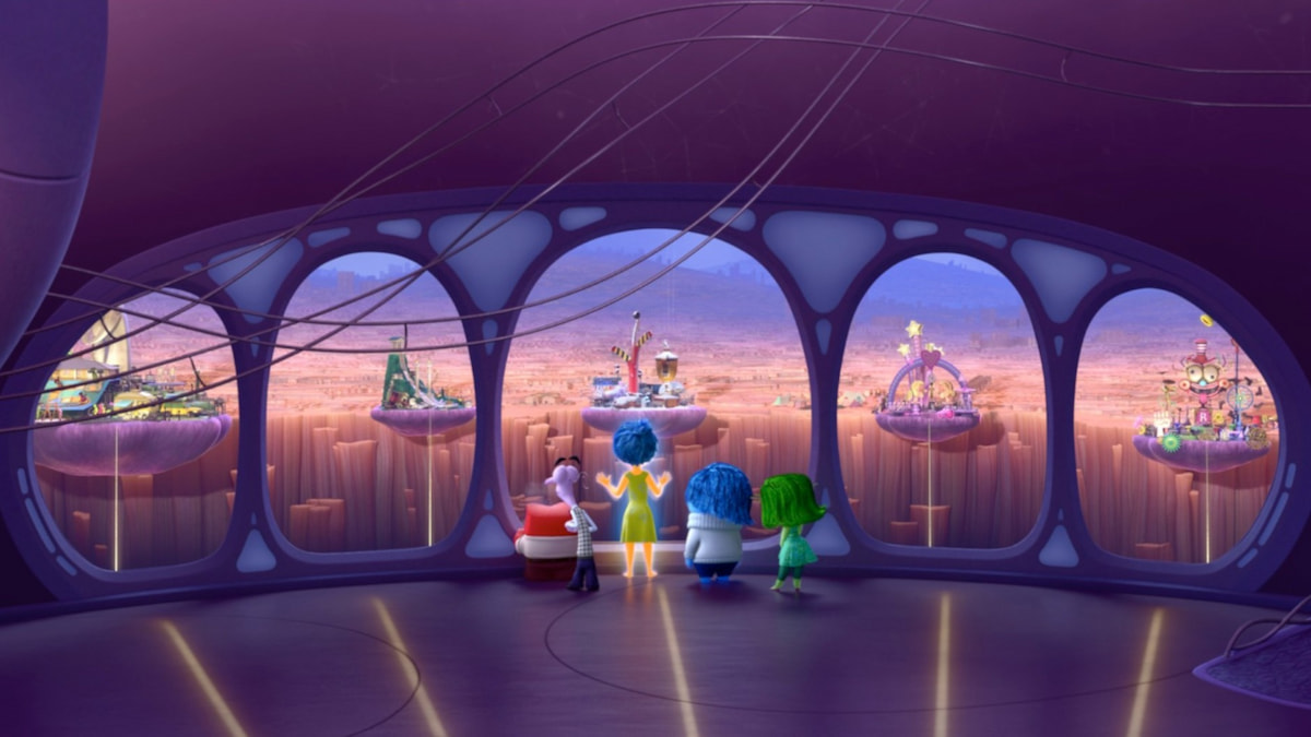 Anger, Fear, Joy, Sadness, and Disgust looking out window in disney dreamlight valley