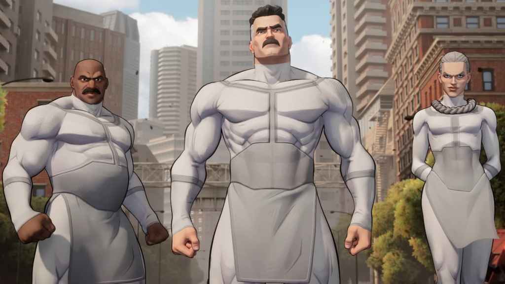 Three super villains, two men and a woman, all clad in white, stand menacingly in the streets in Invincible VS. 
