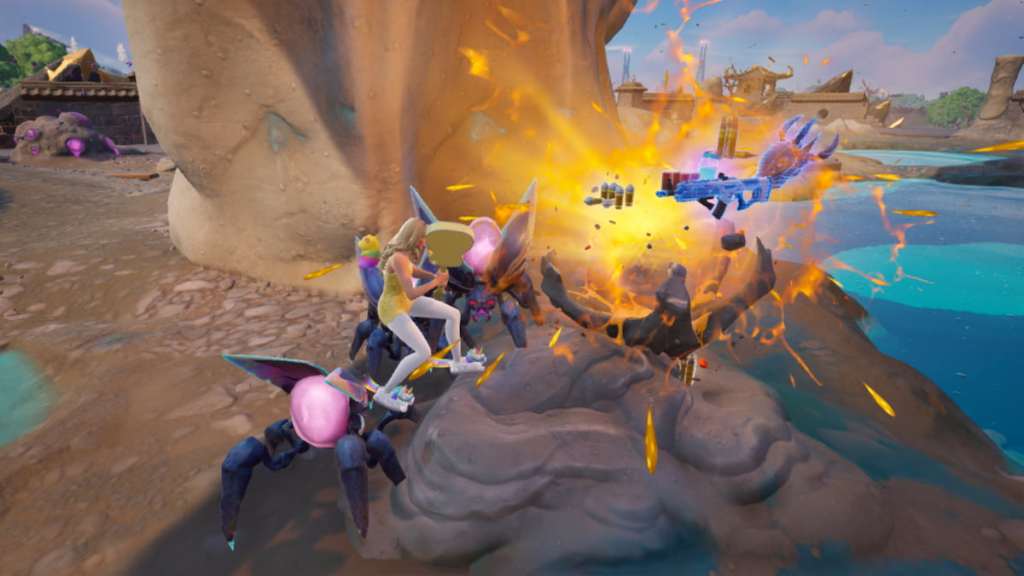 Loot dropping from an exploding orange Hive Stash in fortnite