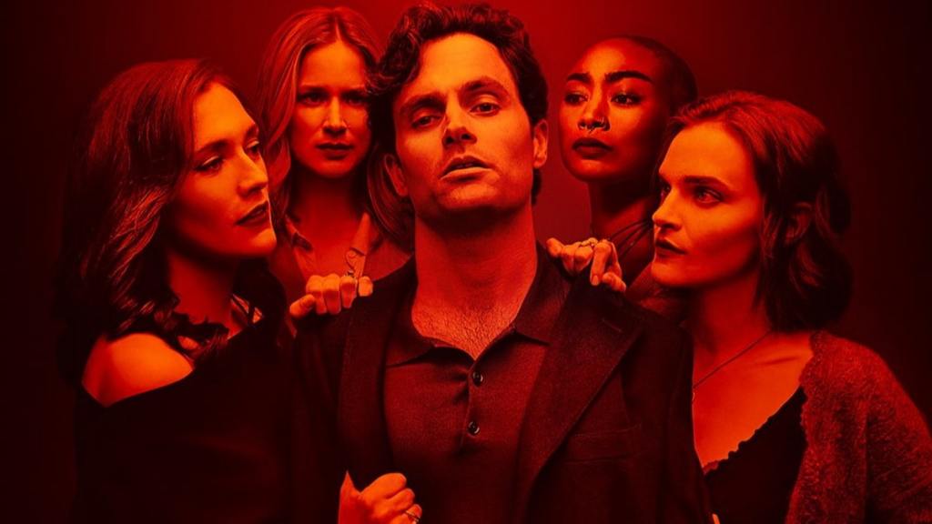 Joe surrounded by some of hiss love interests including Kate, Beck, Marienne, and Bronte in You