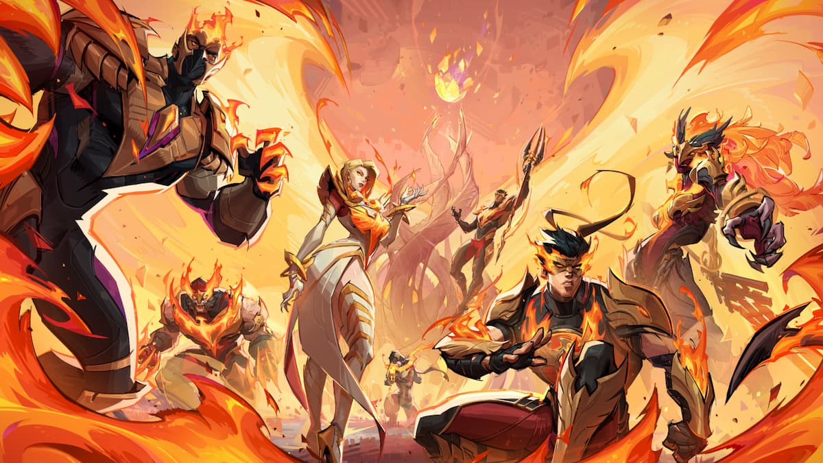 A large group of characters wearing firey Phoenix skins in Marvel Rivals