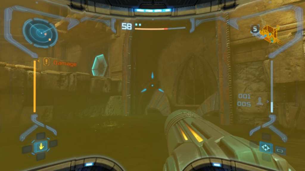 A screenshot of Metroid Prime: Remastered showing the player point of view taking damage from a pool of acid.