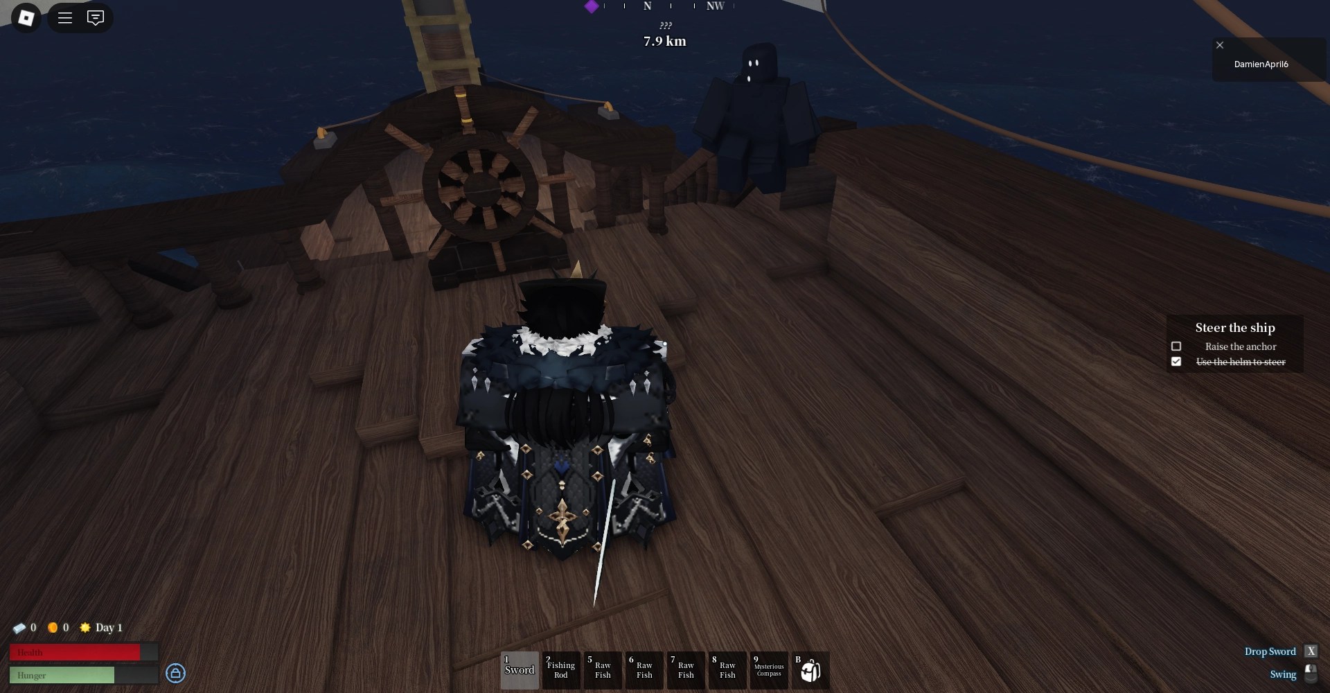 A player fighting with black ghosts in the VOYAGERS Roblox experience.