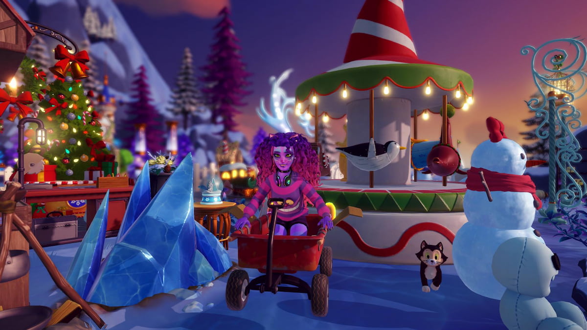 A character with purple and pink hair wearing a purple striped sweater and a striped cat tail riding in a red wagon by a blue ice chunk in disney dreamlight valley