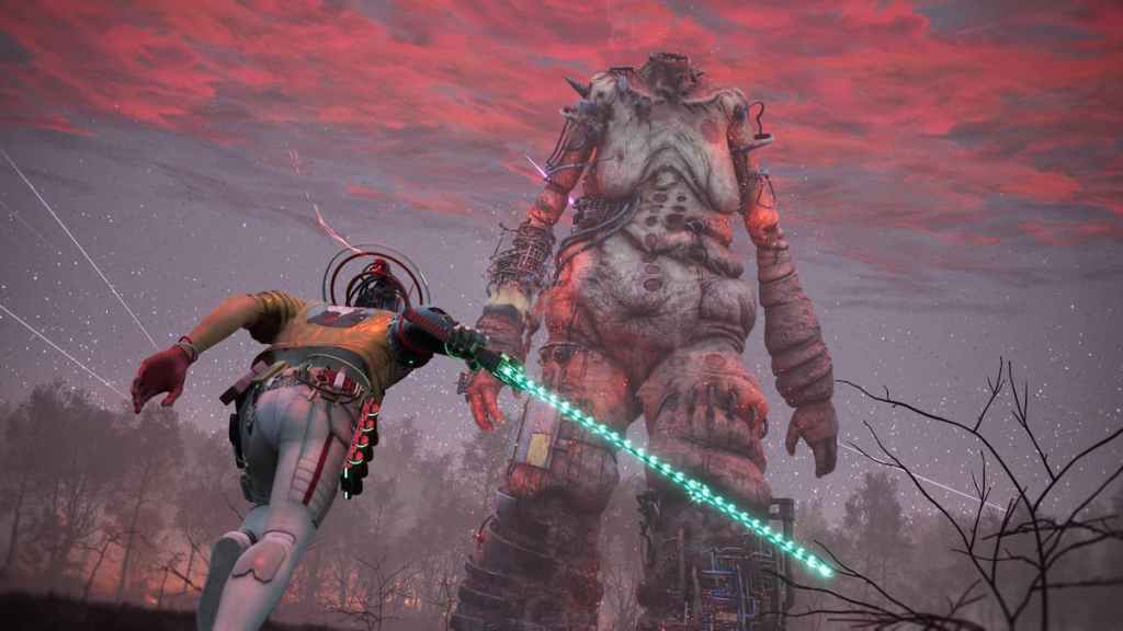 A man with a sword faces off a massive headless giant in Romeo is a Dead Man. 