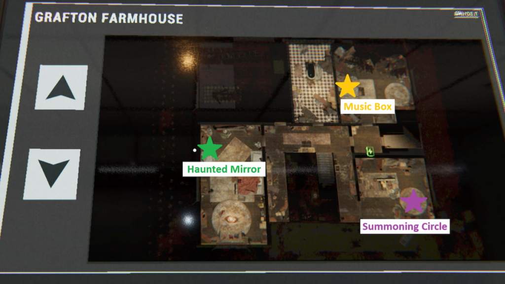 The second floor of grafton farmhouse with cursed item locations marked in phasmophobia