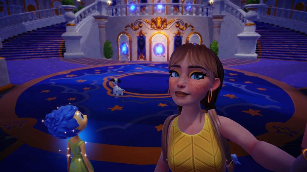 Taking a picture with Joy inside castle in disney dreamlight valley