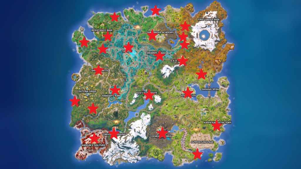 All shadow briefing locations marked on a map with red stars in fortnite