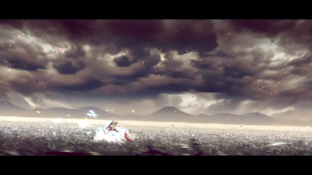 Joe Musashi riding his wolf, Yamato, across a field in SHINOBI: Art of Vengeance. 