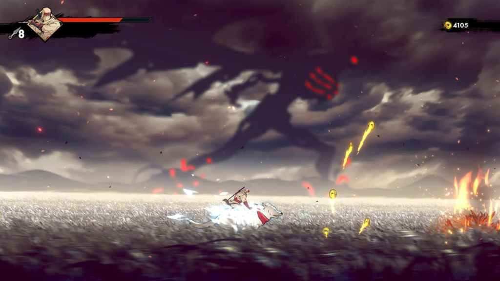 Joe Musashi riding his wolf, Yamato, while a massive creature runs in the background in SHINOBI: Art of Vengeance. 